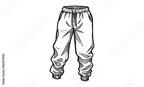 Black and white illustration of casual jogger pants. Vector retro hand drawn illustration