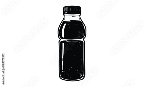 Black and white illustration of a bottled beverage with cap. Vector retro hand drawn illustration