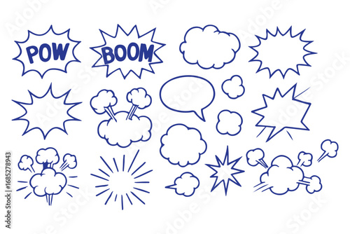 Comic boom cartoon effect line element set. Comic speech bubble pow, boom text, explosive splash smoke, wow cartoon vector icon. Hand drawn sketch doodle explosive element. Vector illustration. EPS