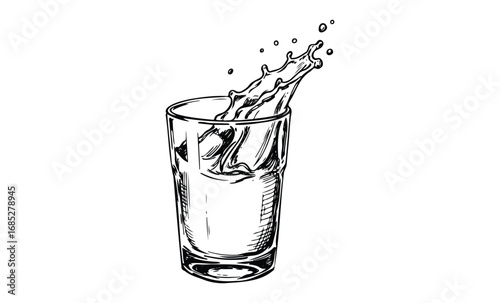Splashing water into a glass with detailed line art and dynamic motion. Vector retro hand drawn illustration