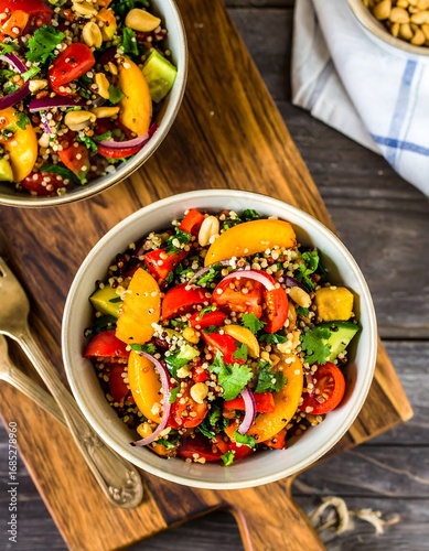 Colorful quinoa salad with tomatoes, peaches, and peanuts in white bowls