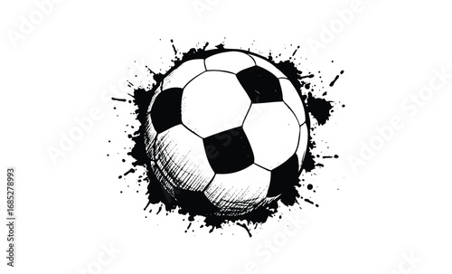 Black and white soccer ball with ink splatter. Vector retro hand drawn illustration