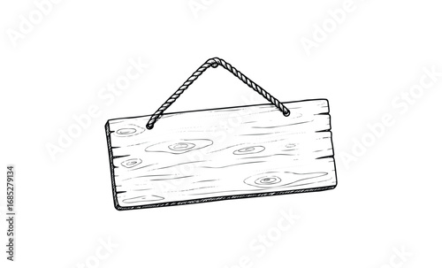 Hand-drawn wooden sign board with rope hanger. Vector retro hand drawn illustration