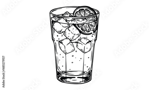 Black and white illustration of iced lemon drink in glass with ice cubes. Vector retro hand drawn illustration