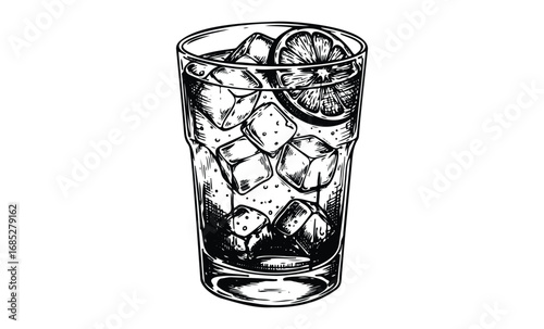 Ink drawing of a refreshing drink with ice cubes and citrus slice. Vector retro hand drawn illustration