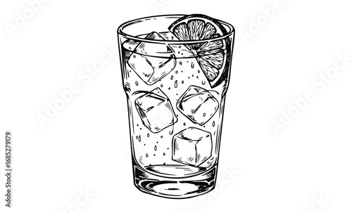 Hand-drawn glass of iced lemon water with lime slice. Vector retro hand drawn illustration