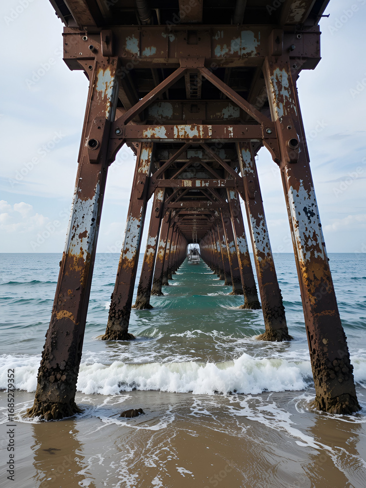 Obraz premium The rusty iron construction on the downside of a pier
