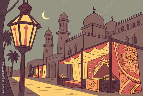 Serene Arabian Night Market Scene with Illuminated Lantern and Crescent Moon over Ornate Architecture and Festive Decorations for Ramadan Celebrations