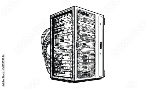 Hand-drawn server rack illustration showing detailed computer network equipment. Vector retro hand drawn illustration