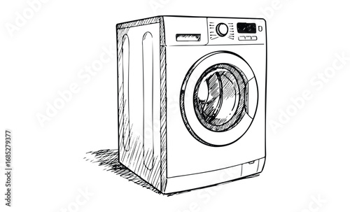 Sketch of a modern front-loading washing machine with control panel. Vector retro hand drawn illustration