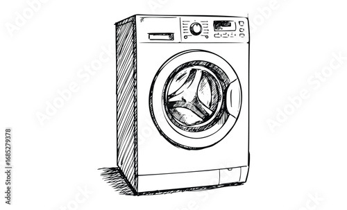 Sketch of a front-loading washing machine in detailed black and white line art. Vector retro hand drawn illustration