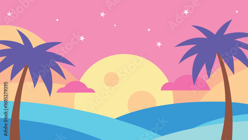 Tropical Sunset With Palm Trees And Ocean vector illustration