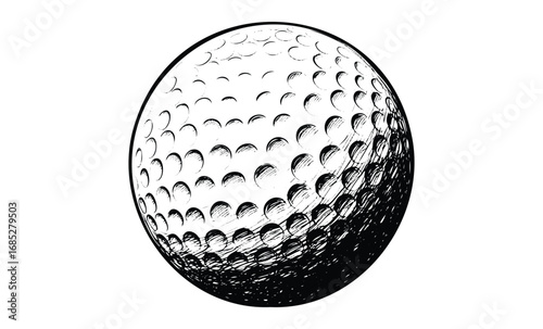Black and white golf ball art with detailed dimple pattern. Vector retro hand drawn illustration
