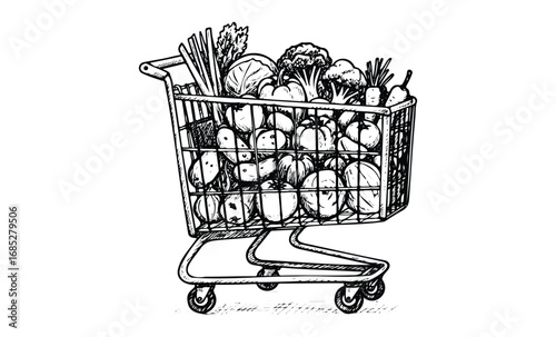 Hand-drawn shopping cart filled with vegetables and groceries. Vector retro hand drawn illustration