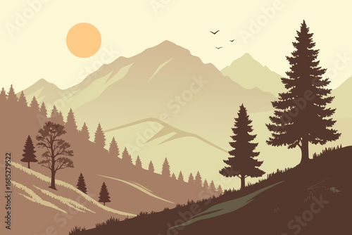 Serene Mountain Landscape at Sunset with Silhouette Trees and Birds Vector Illustration Peaceful Scene for Backgrounds or Wallpaper Design with Warm Earth Tones