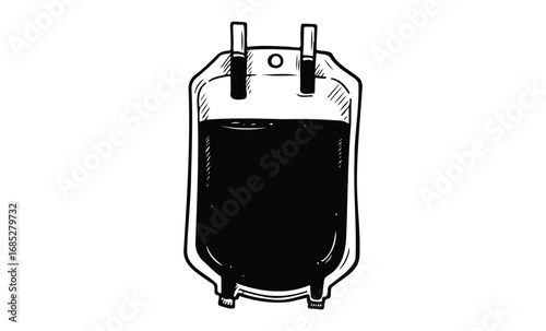 Blood donation bag illustration with black liquid. Vector retro hand drawn illustration