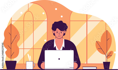 Person working on laptop in front of window