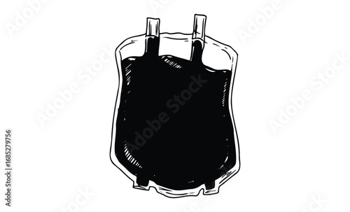 Hand-drawn blood bag illustration with outlined contours. Vector retro hand drawn illustration