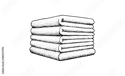 Stack of folded towels on white background in black and white illustration. Vector retro hand drawn illustration