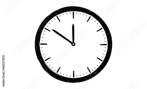 Simple black and white clock showing time at ten past ten. Vector retro hand drawn illustration