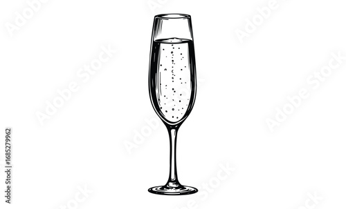 Hand-drawn champagne flute with bubbles elegant glassware illustration. Vector retro hand drawn illustration