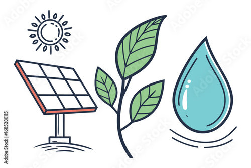 Sustainable energy and natural resources illustration featuring solar panel leaves and water drop symbolizing eco friendly living and renewable power sources for a greener future