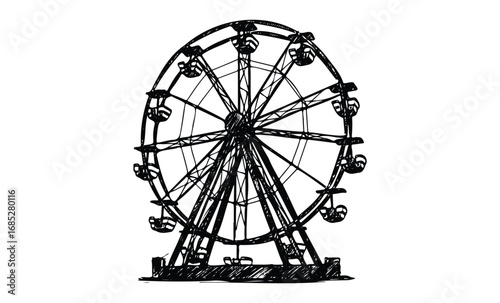 Hand-drawn ferris wheel sketch on white background for amusement park theme. Vector retro hand drawn illustration