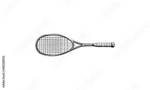 Hand-drawn tennis racket sketch with detailed strings and handle. Vector retro hand drawn illustration