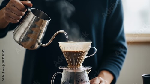 Brewing coffee using a pour-over method with a metal kettle and glass server