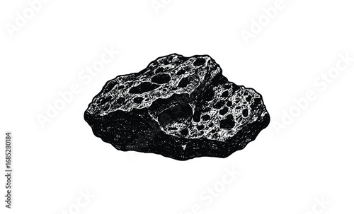 Detailed black and white lava rock drawing with porous texture. Vector retro hand drawn illustration