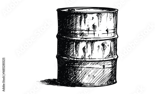 Vintage style sketch of rustic oil barrel with grunge texture. Vector retro hand drawn illustration