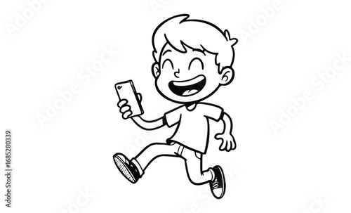 Cartoon happy child running with smartphone in hand. Vector retro hand drawn illustration