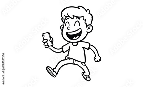 Cartoon of happy child using smartphone while jumping in excitement. Vector retro hand drawn illustration