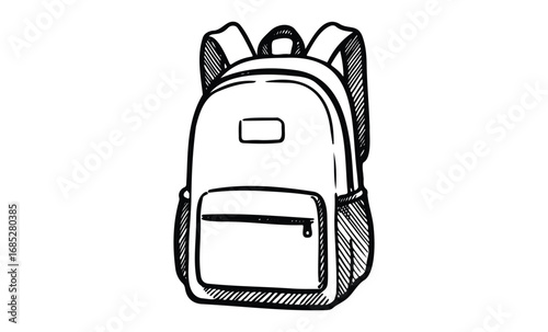 Black and white sketch of a backpack with front pocket and straps. Vector retro hand drawn illustration