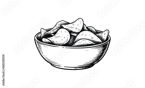 Hand-drawn bowl of potato chips design in black and white. Vector retro hand drawn illustration