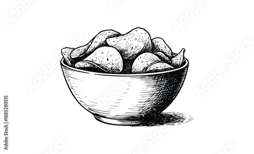 Hand-drawn bowl of potato chips illustration in black and white. Vector retro hand drawn illustration