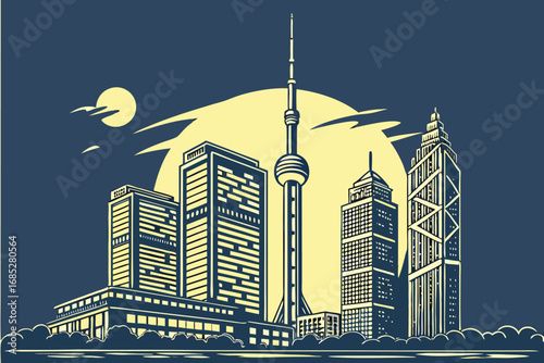 Vector illustration of Shanghai city skyline at night with Oriental Pearl Tower and modern skyscrapers showcasing iconic architecture and urban landscape under the moonlight