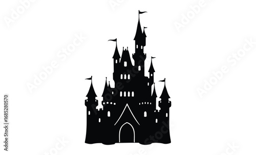 Silhouette of a majestic medieval castle with towers and flags. Vector retro hand drawn illustration