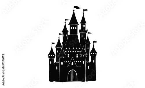 Silhouette of a majestic medieval castle with towers and flags. Vector retro hand drawn illustration