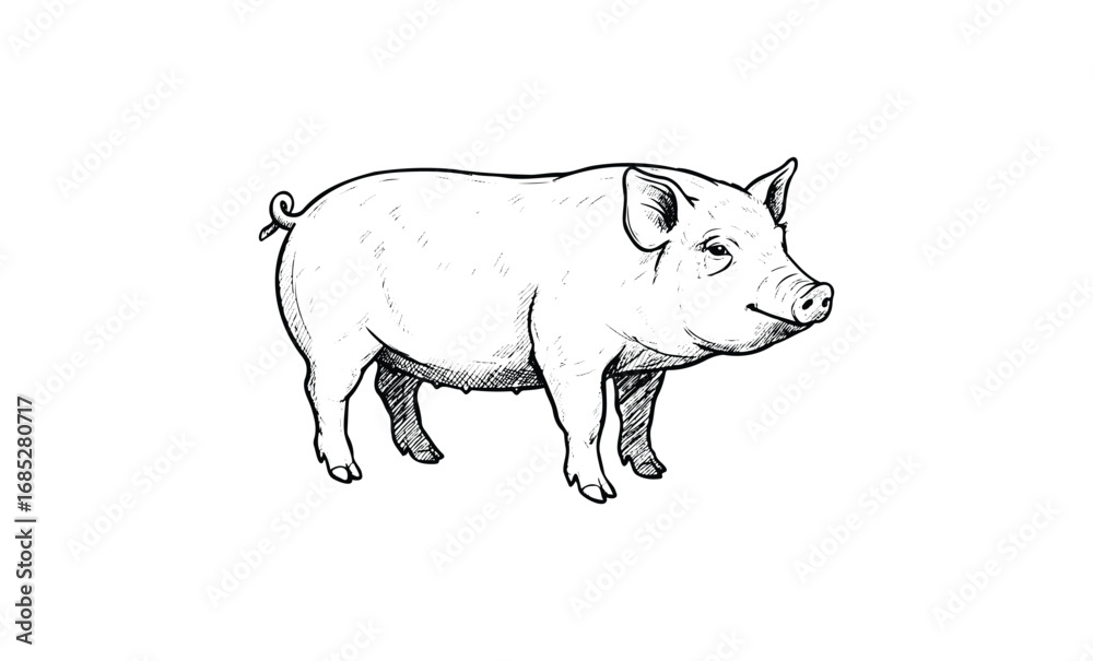 Fototapeta premium Detailed black and white illustration of a pig with curly tail. Vector retro hand drawn illustration