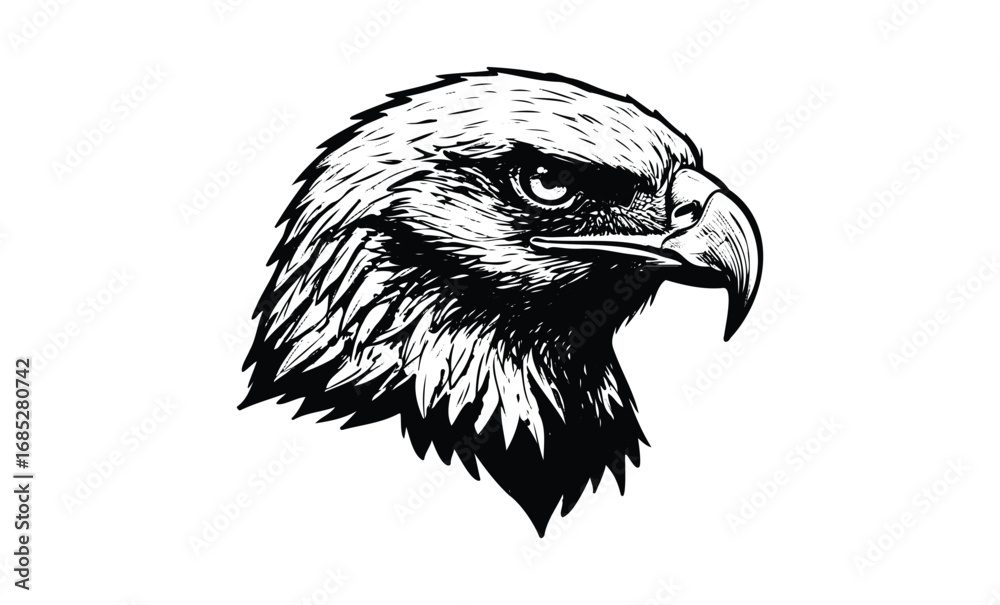 Fototapeta premium Monochrome eagle head drawing: fierce eagle illustration with intense gaze. Vector retro hand drawn illustration
