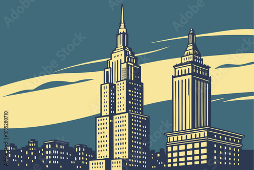 Vintage Cityscape Illustration of Classic Skyscrapers and Art Deco Architecture under a Cloudy Sky evoking Nostalgia and Urban Heritage