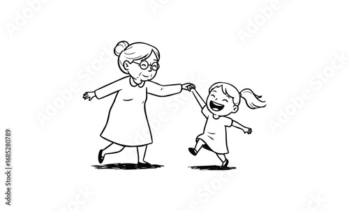 Joyful elderly caucasian woman and young caucasian girl dancing together. Vector retro hand drawn illustration