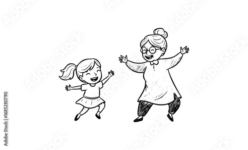 Joyful interaction between asian elderly female and young girl in playful dance sketch. Vector retro hand drawn illustration