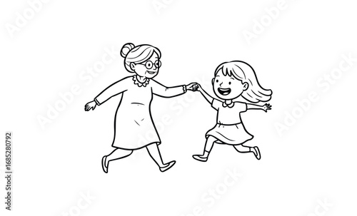 Elderly caucasian female and young caucasian female joyfully holding hands in cartoon style. Vector retro hand drawn illustration