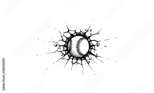 Baseball cracking through glass with dynamic shattered effect. Vector retro hand drawn illustration