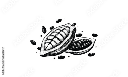 Detailed ink drawing of cacao pod with beans in black and white style. Vector retro hand drawn illustration