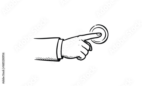 Illustrated hand pressing button symbolizing activation and interaction. Vector retro hand drawn illustration