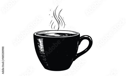 Illustration of a steaming mug of coffee in black and white. Vector retro hand drawn illustration