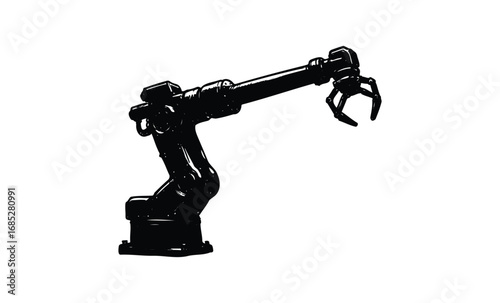 Industrial robotic arm silhouette in black and white. Vector retro hand drawn illustration